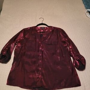 Elementz Womens Size Medium Shiny Red Metallic Button-up Blouse